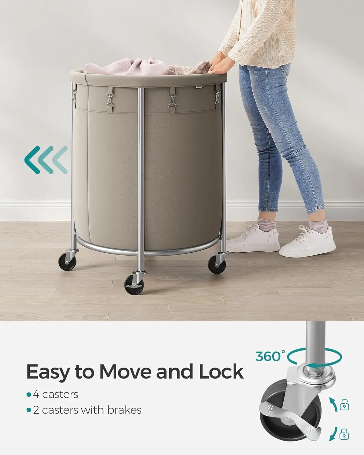 SONGMICS Laundry Basket with Wheels, Rolling Laundry Hamper, 45 Gal., Round Laundry Cart with Steel Frame and Removable Bag, 4 Casters and 2 Brakes, Camel Brown and Metallic Silver URLS001N01