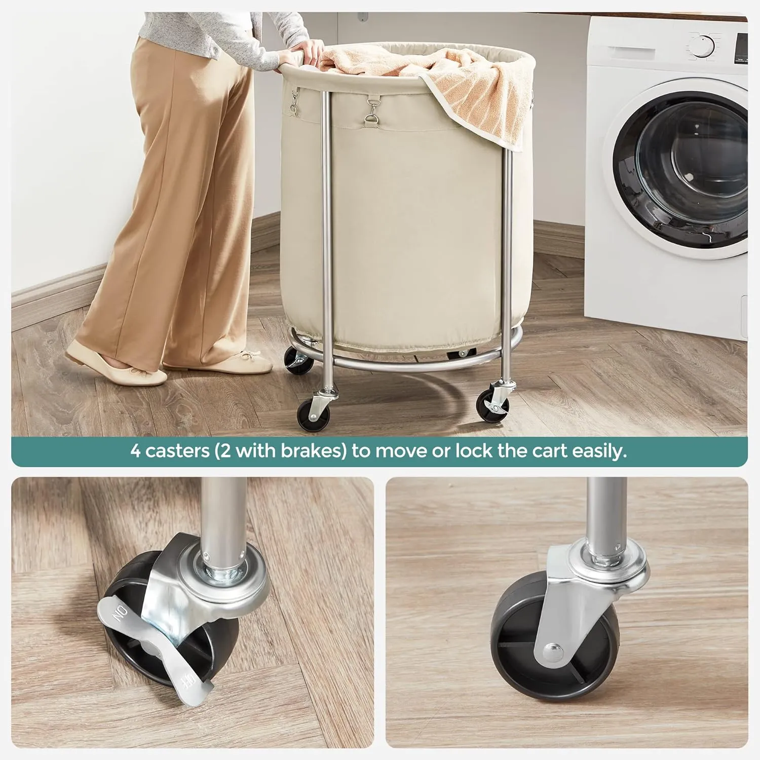 SONGMICS Laundry Basket with Wheels, Rolling Laundry Hamper, 45 Gal., Round Laundry Cart with Steel Frame and Removable Bag, 4 Casters and 2 Brakes, Cream and Silver URLS01MZ