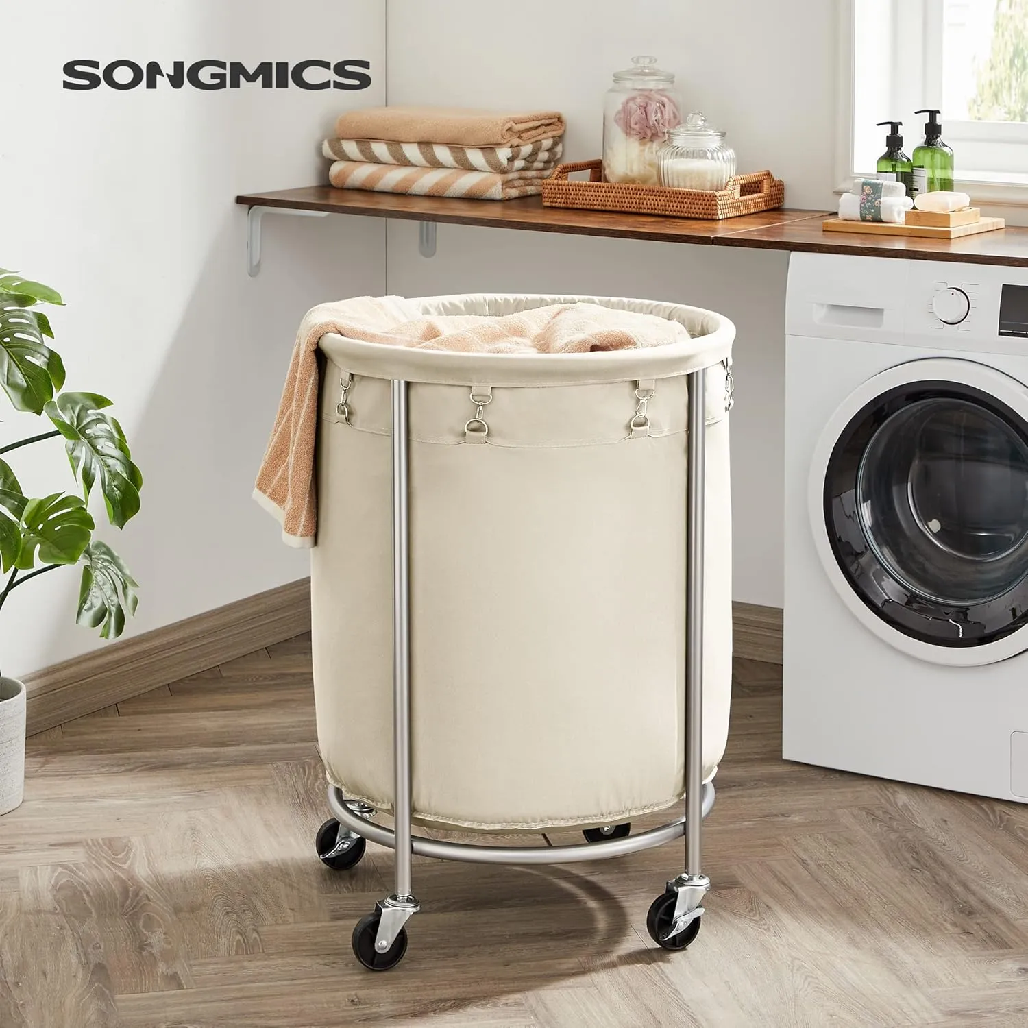 SONGMICS Laundry Basket with Wheels, Rolling Laundry Hamper, 45 Gal., Round Laundry Cart with Steel Frame and Removable Bag, 4 Casters and 2 Brakes, Cream and Silver URLS01MZ