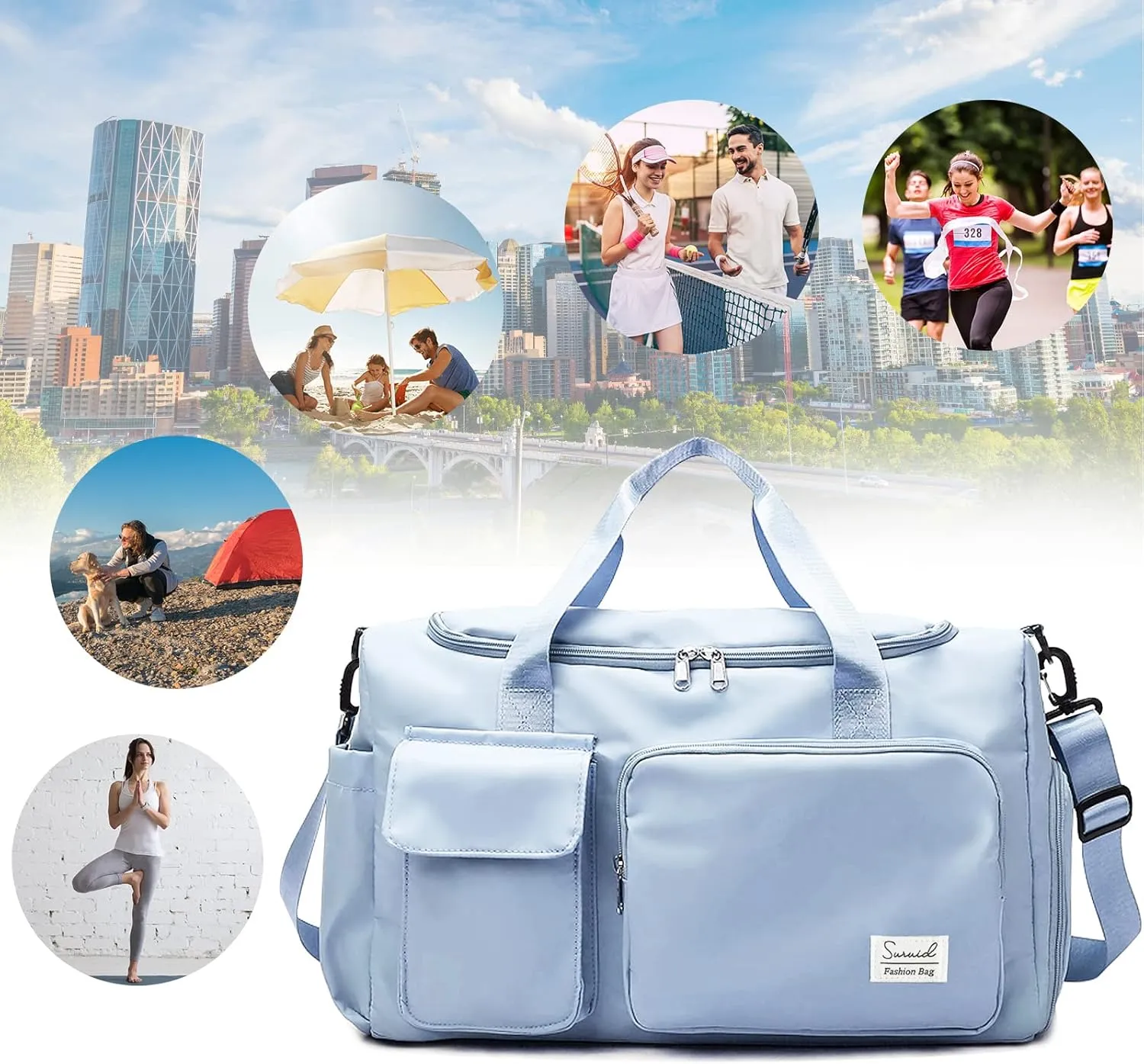 Sports Gym Duffel Bag with Shoes Compartment and Dry Wet Separated Pocket for Men and Women - Blue