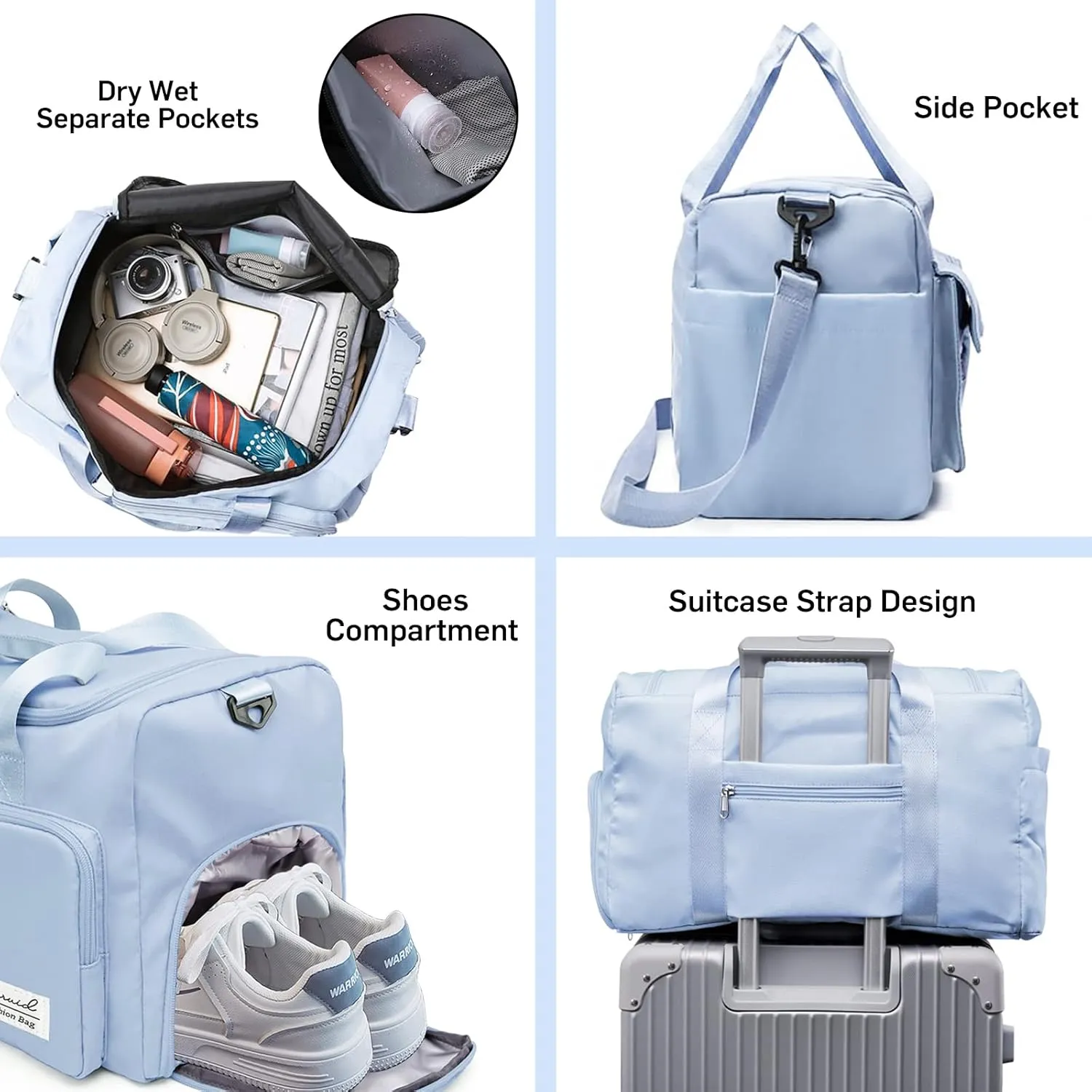 Sports Gym Duffel Bag with Shoes Compartment and Dry Wet Separated Pocket for Men and Women - Blue