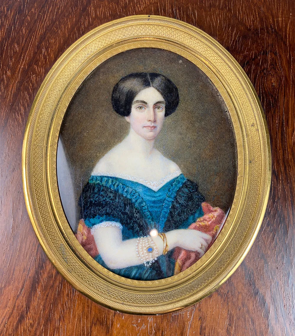 Superb Antique French Portrait Miniature, Large Size in Fine Dore Bronze & Wood Frame