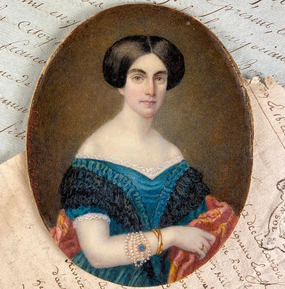 Superb Antique French Portrait Miniature, Large Size in Fine Dore Bronze & Wood Frame