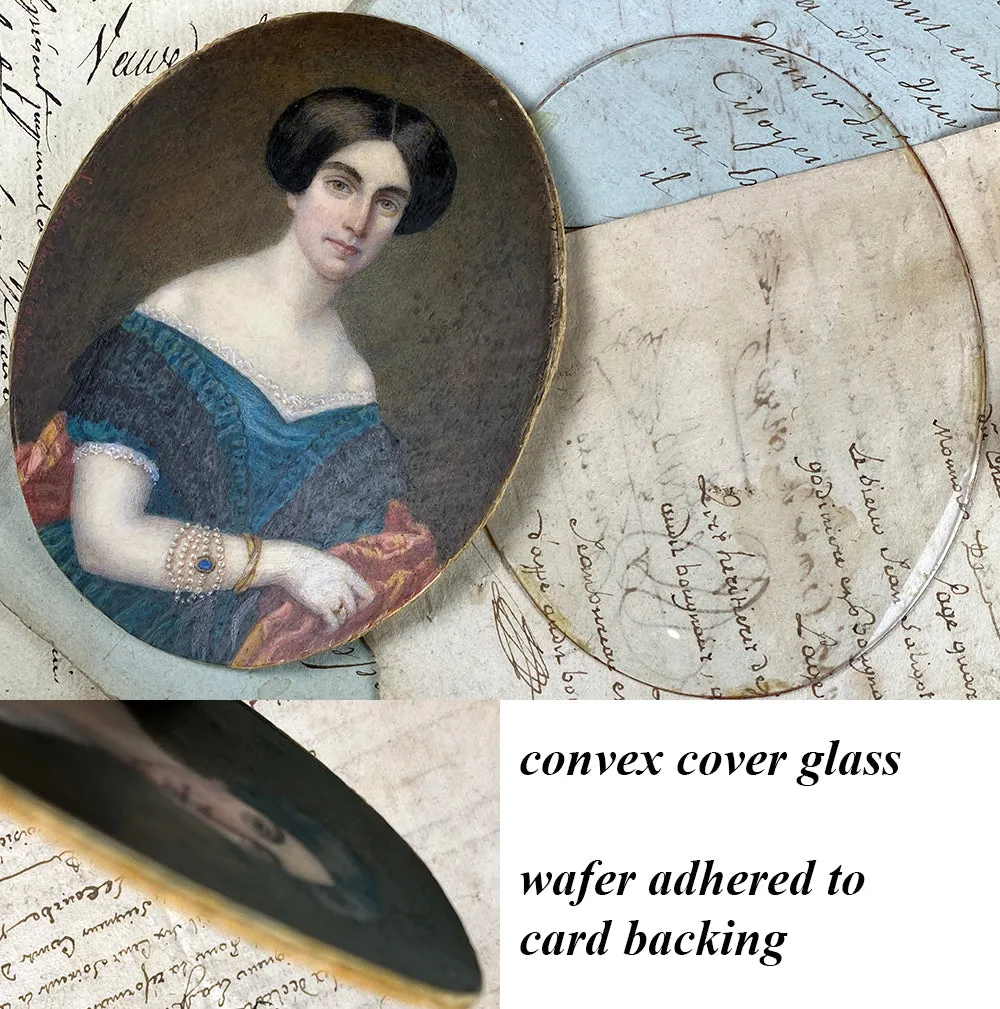 Superb Antique French Portrait Miniature, Large Size in Fine Dore Bronze & Wood Frame