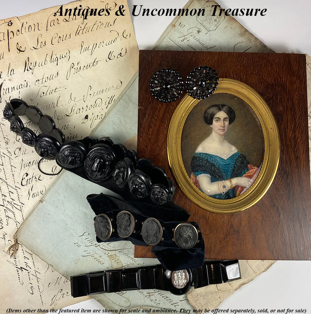 Superb Antique French Portrait Miniature, Large Size in Fine Dore Bronze & Wood Frame