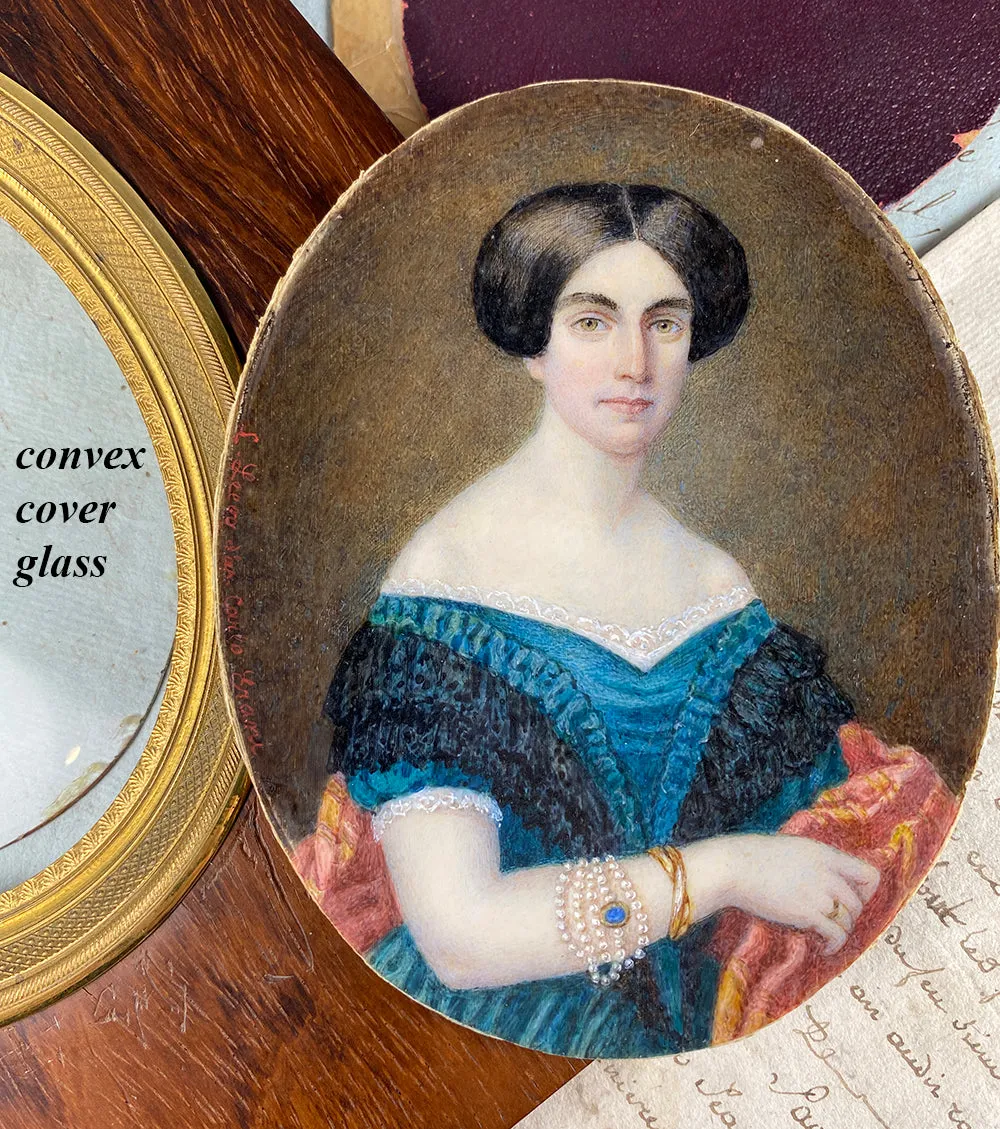 Superb Antique French Portrait Miniature, Large Size in Fine Dore Bronze & Wood Frame