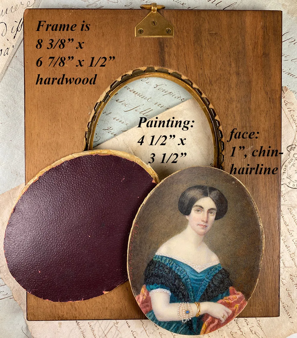 Superb Antique French Portrait Miniature, Large Size in Fine Dore Bronze & Wood Frame