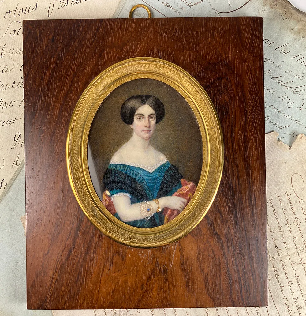 Superb Antique French Portrait Miniature, Large Size in Fine Dore Bronze & Wood Frame
