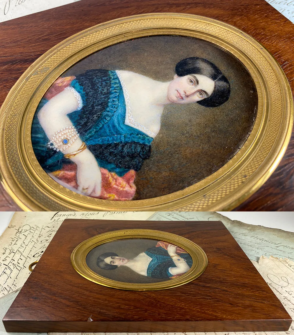 Superb Antique French Portrait Miniature, Large Size in Fine Dore Bronze & Wood Frame