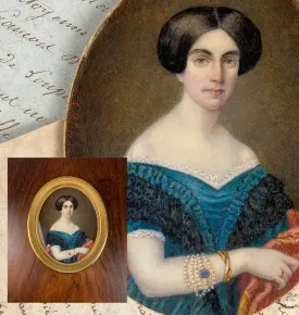Superb Antique French Portrait Miniature, Large Size in Fine Dore Bronze & Wood Frame