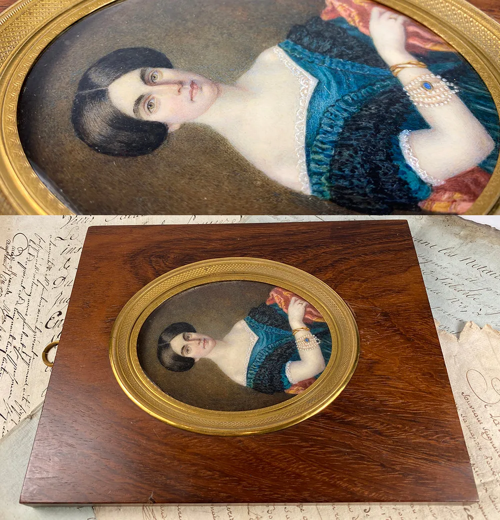 Superb Antique French Portrait Miniature, Large Size in Fine Dore Bronze & Wood Frame