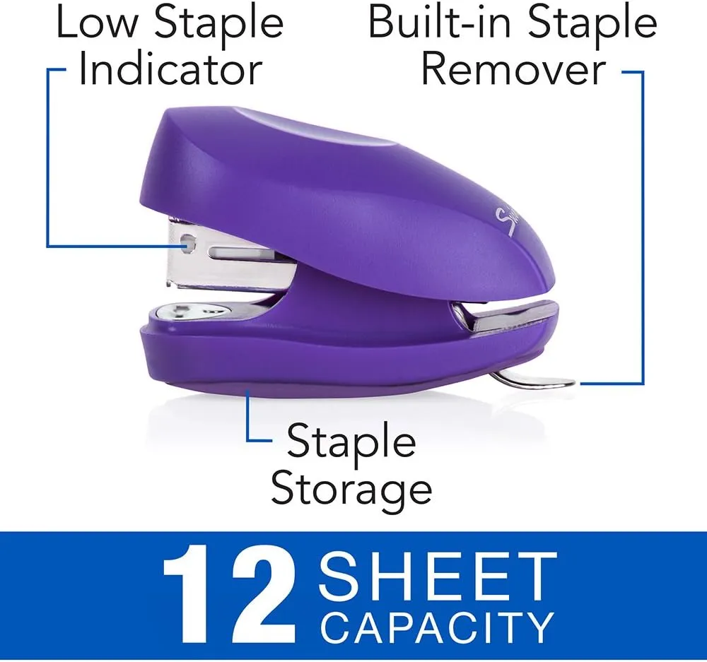 Swingline Mini Stapler, Tot, 12 Sheet Capacity, includes Built-In Staple Remover & 1000 Standard Staples, Purple - S7079173