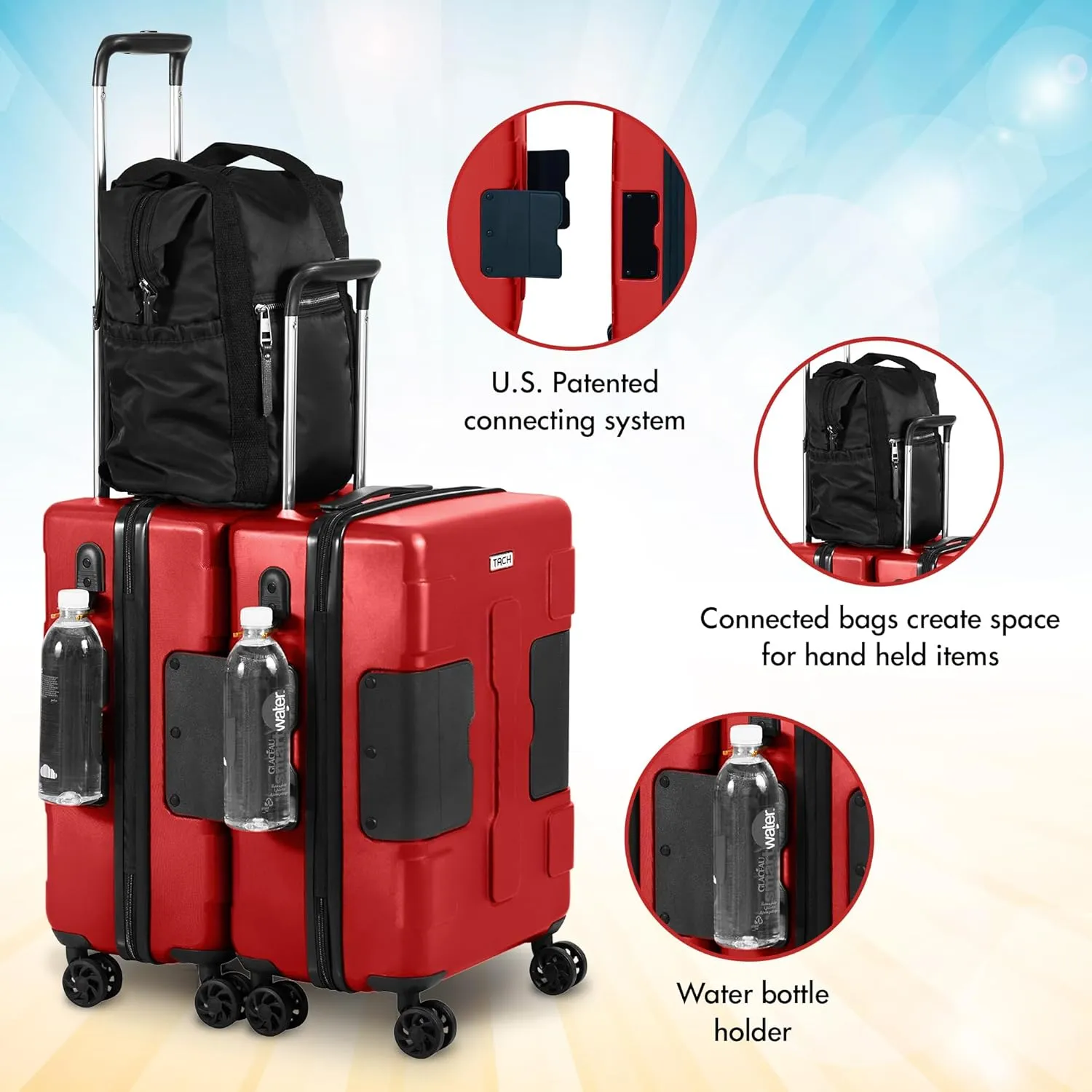 Tach V3.1 Hard Shell Carry On Luggage 20 inch | Carry on Luggage with Spinner Wheels & Patented Built-In Connecting System | One Piece Rolling Suitcase Links 9 Bags At Once (Red)
