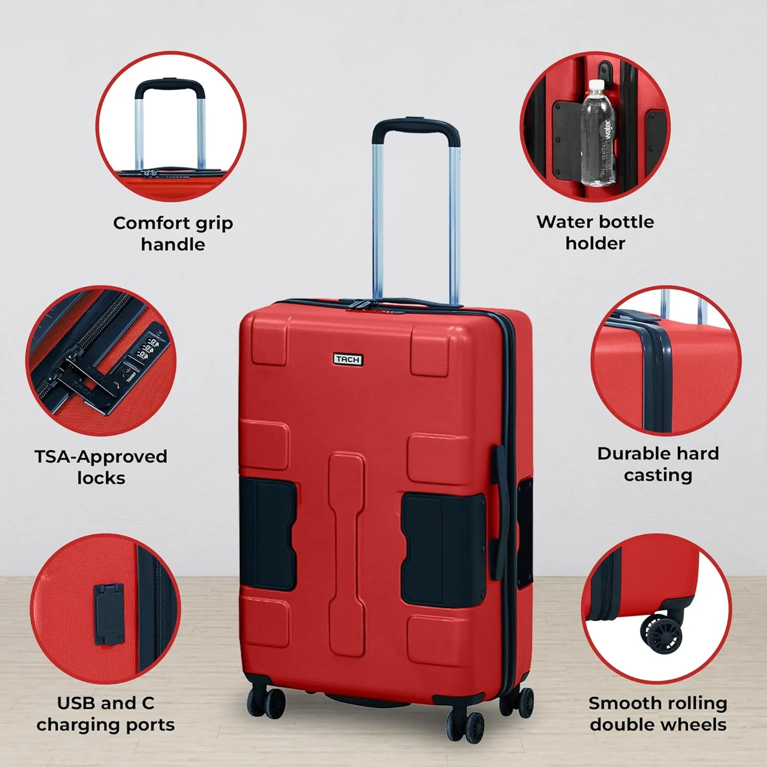 Tach V3.1 Hard Shell Carry On Luggage 20 inch | Carry on Luggage with Spinner Wheels & Patented Built-In Connecting System | One Piece Rolling Suitcase Links 9 Bags At Once (Red)