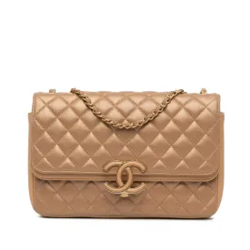 Tan Chanel Medium Quilted Metallic Lambskin CC Chic Double Flap Shoulder Bag