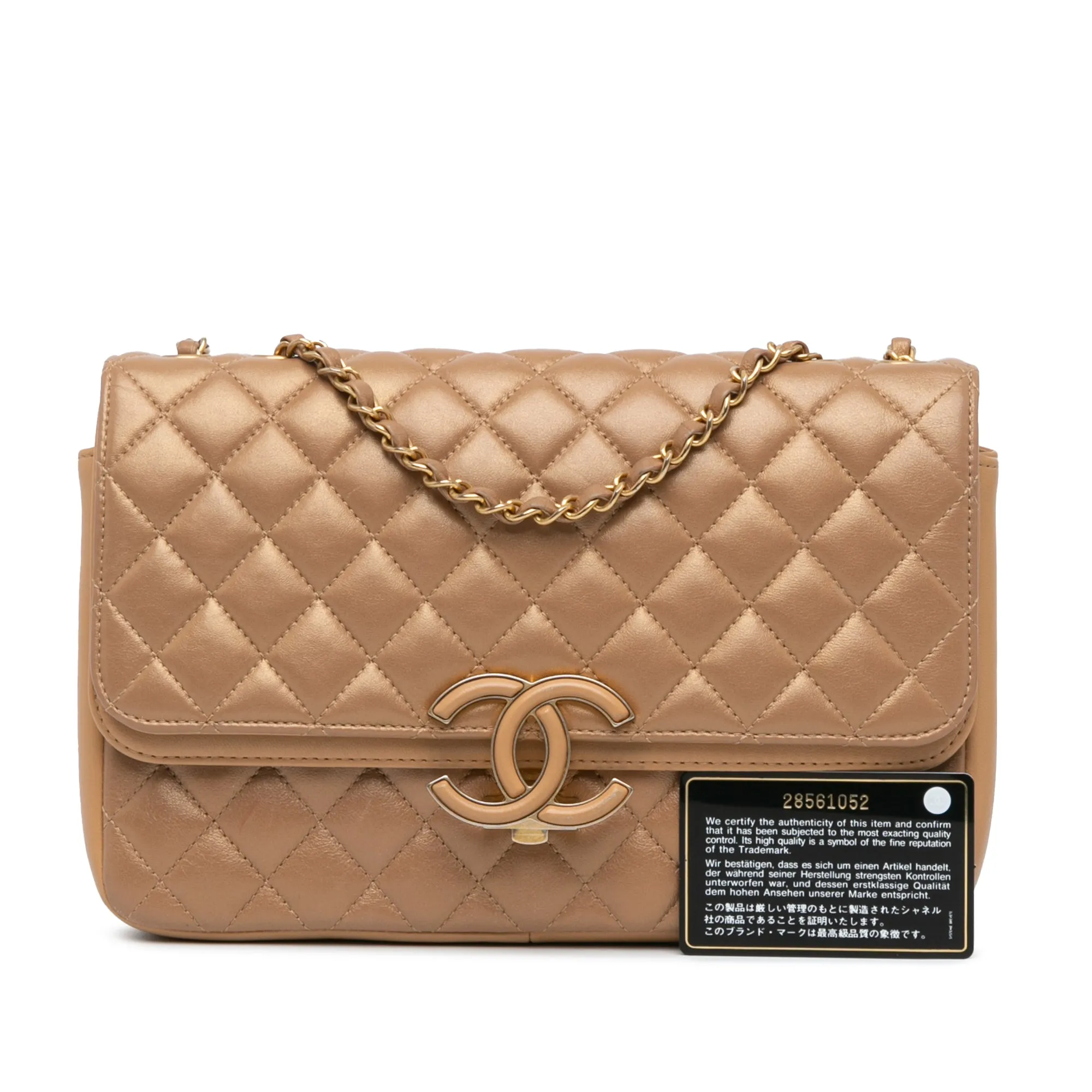Tan Chanel Medium Quilted Metallic Lambskin CC Chic Double Flap Shoulder Bag