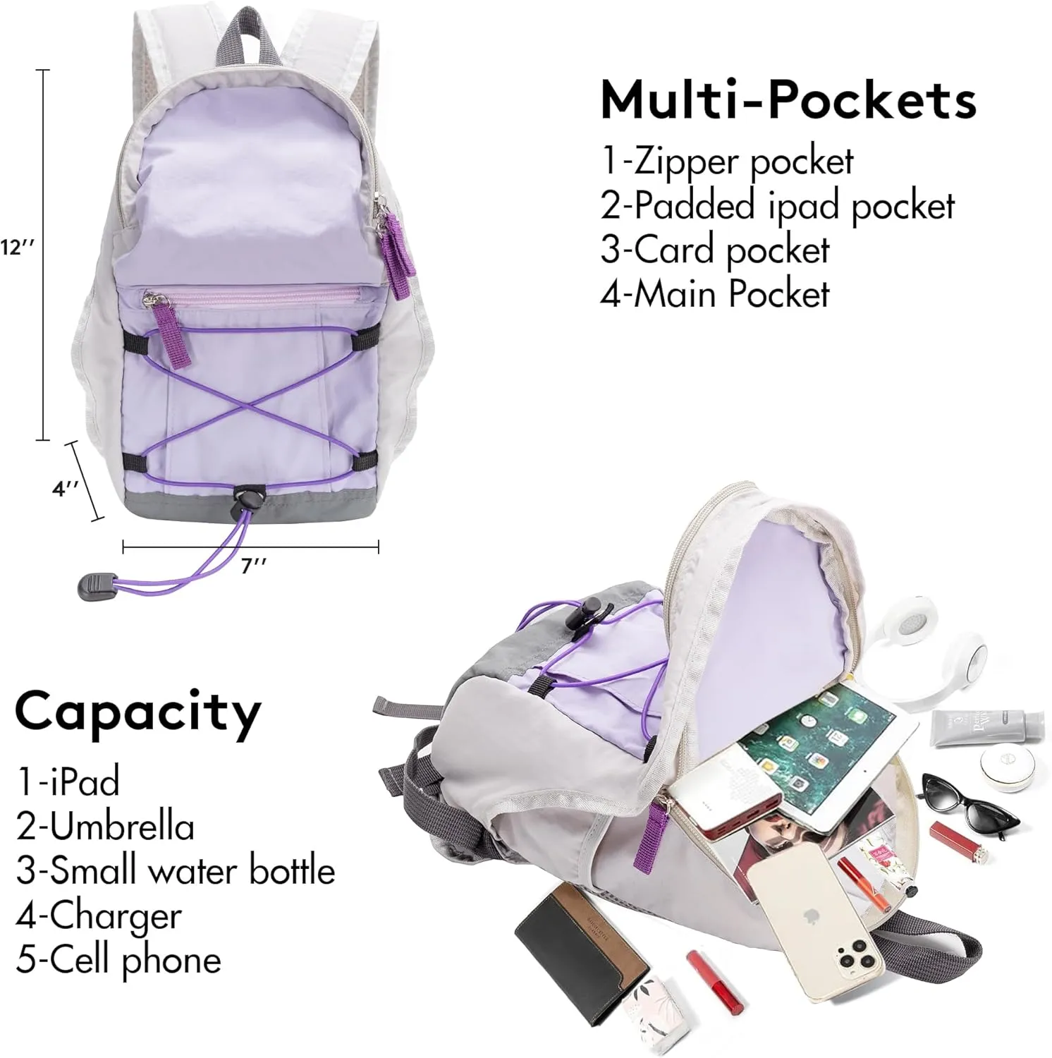 Tilami Mini Backpack for Women and Men, 12inch Casual Daypack Backpacks for Travel,Purple