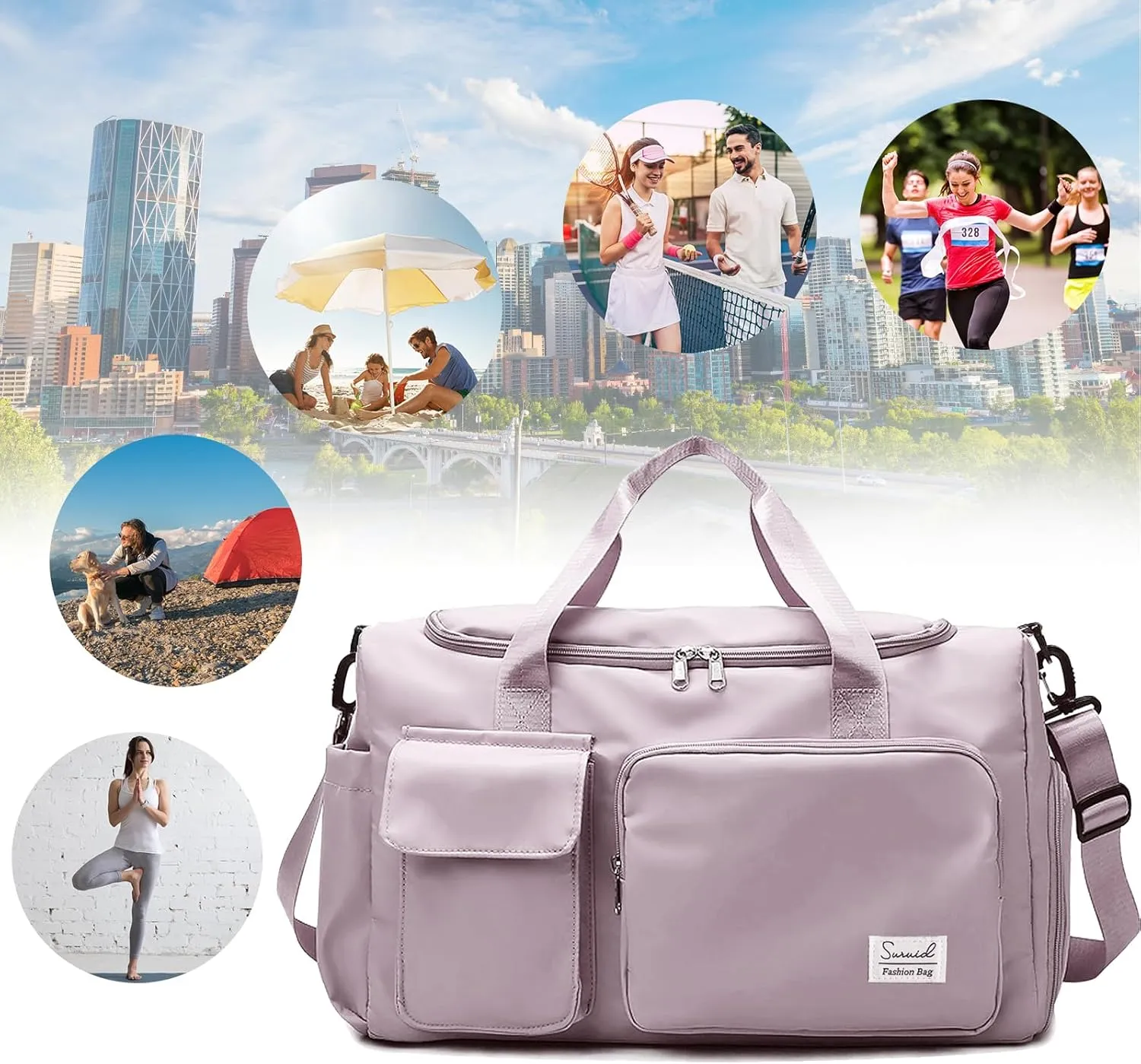 Travel Duffel Bag with Shoes Compartment Sports Gym Bag with Dry Wet Separated Pocket for Men and Women, Overnight Bag Weekender Bag Training Handbag Yoga Bag - Brown Pink