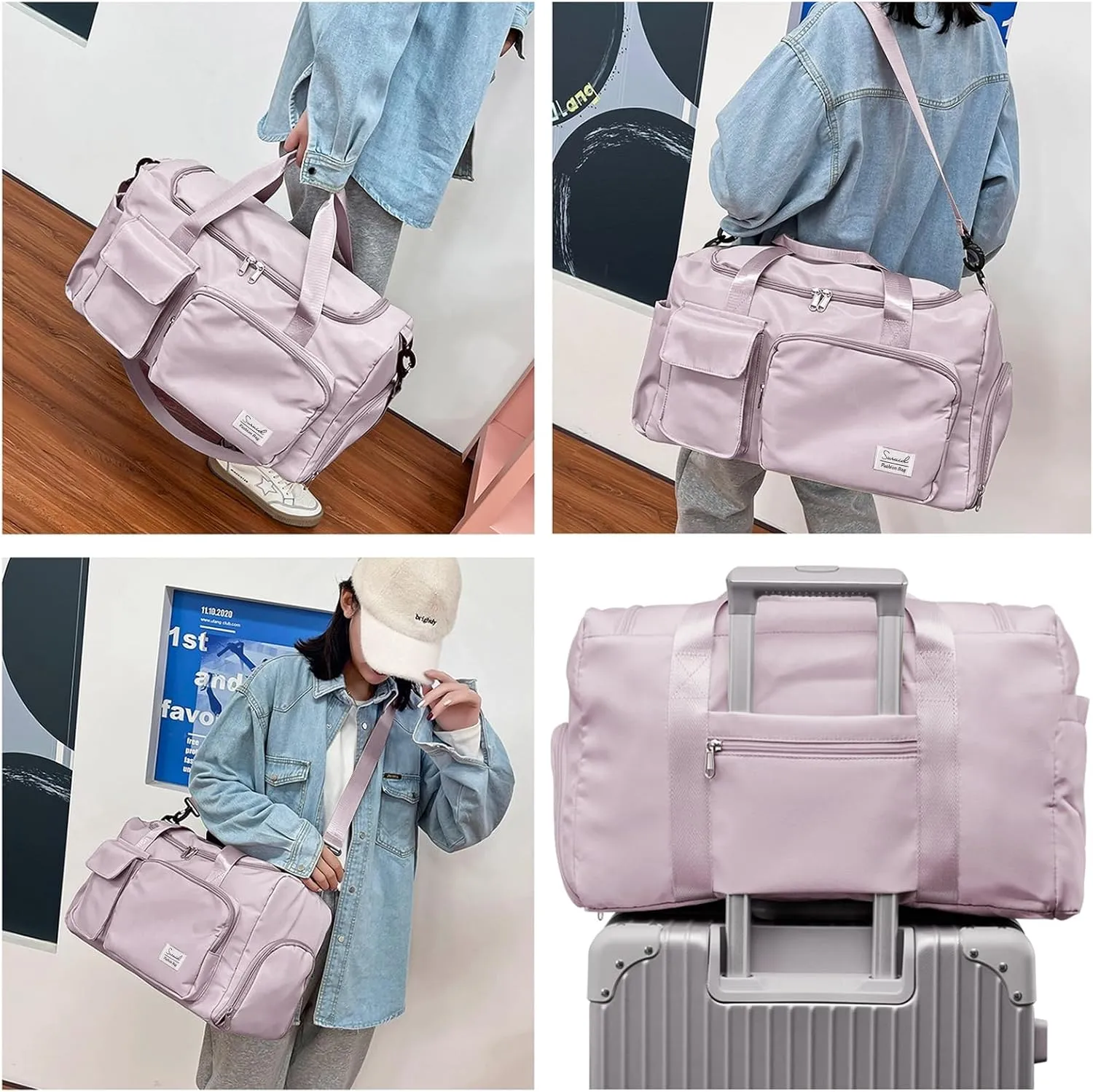 Travel Duffel Bag with Shoes Compartment Sports Gym Bag with Dry Wet Separated Pocket for Men and Women, Overnight Bag Weekender Bag Training Handbag Yoga Bag - Brown Pink