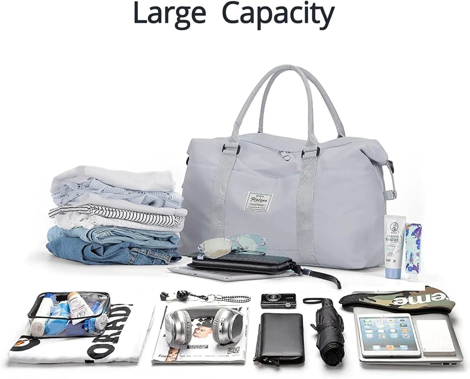 Travel Gym Bag for Women, LANBX Tote Bag Carry on Luggage Sport Duffle Weekender Overnight Bags with Wet Pocket (Grey)