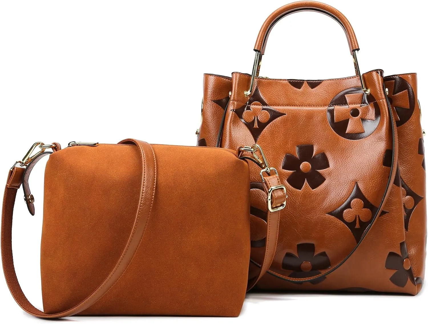 Travistar Floral Handbags Purses Women - Embossed Leather Top Handle Handbag Set Large Shoulder Bag Ladies Bucket Hobo Tote