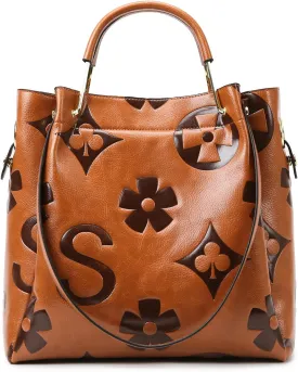Travistar Floral Handbags Purses Women - Embossed Leather Top Handle Handbag Set Large Shoulder Bag Ladies Bucket Hobo Tote