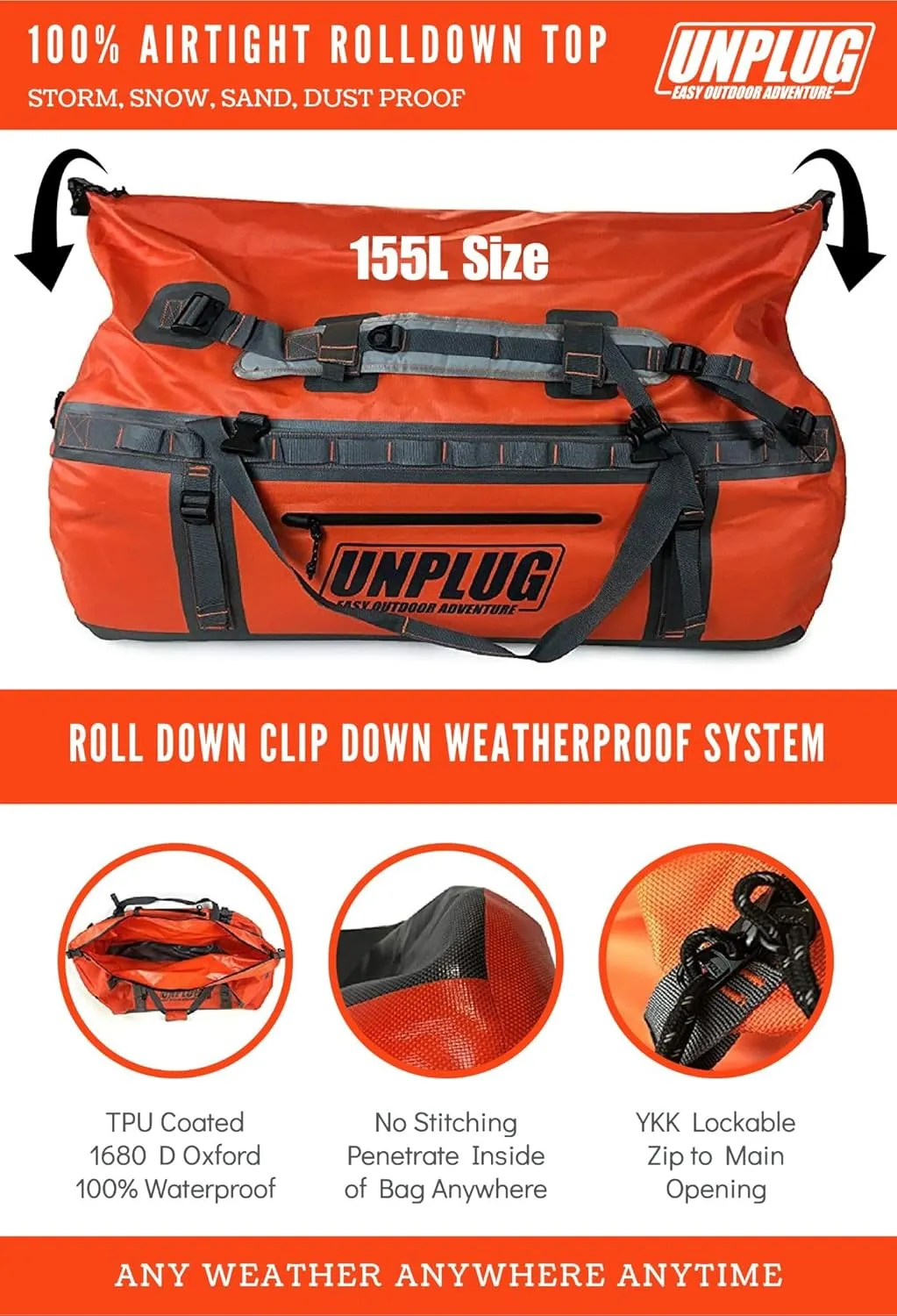UNPLUG Ultimate Adventure Bag | 1680D Heavy Duty Waterproof Bag | Large Travel Duffle Bag which can be Used for Camping, Motorcycling, Boating, or Hunting