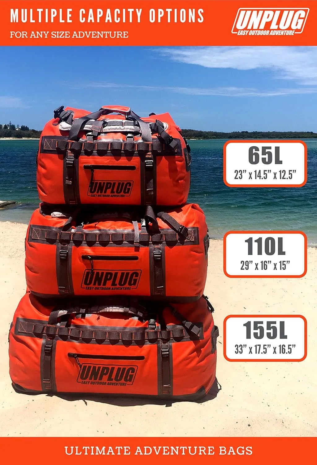UNPLUG Ultimate Adventure Bag | 1680D Heavy Duty Waterproof Bag | Large Travel Duffle Bag which can be Used for Camping, Motorcycling, Boating, or Hunting