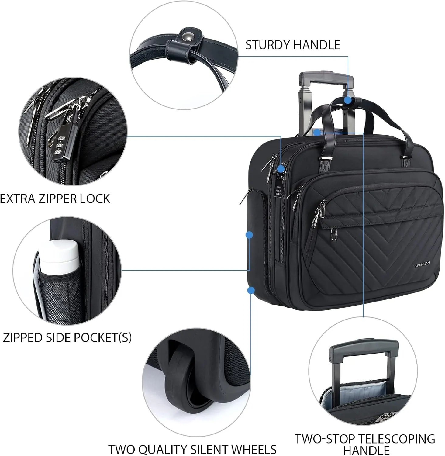 VANKEAN Rolling Laptop Bag Women with Wheels, 15.6 Inch Briefcase for Women, Water Repellent Overnight Rolling Computer Bag with RFID Pockets for Travel Business Work School, Black