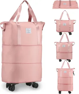 VOOWO Rolling Duffle Bag with Wheels, Expandable Foldable Duffle Bag for Travel, Rolling Under Seat Luggage Carry on Duffel Bags, Wheeled Travel Duffel Large Overnight Weekend Bags (Pink)