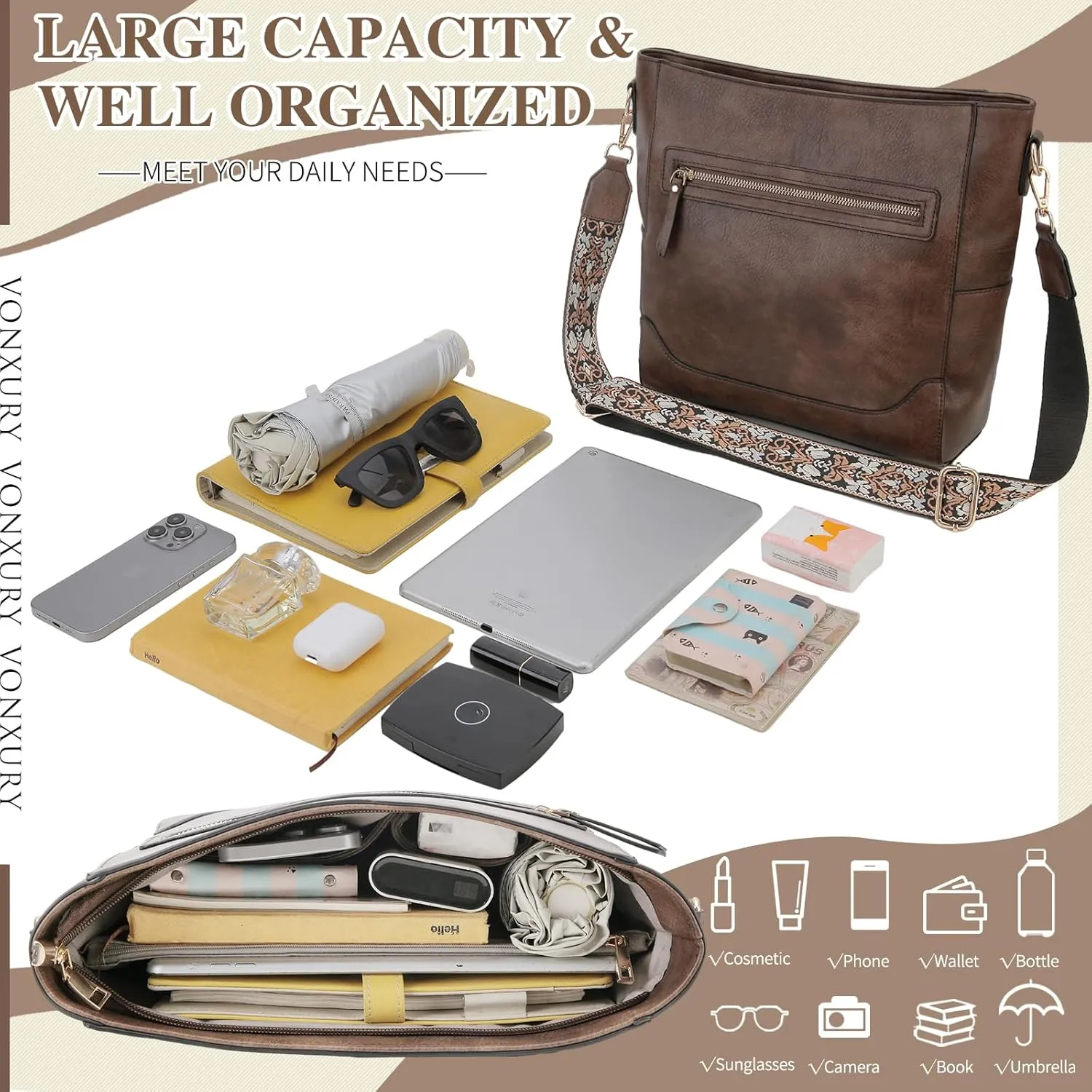 VX VONXURY Crossbody Bag for Women, Trendy Vegan Leather Shoulder Bag, Designer Bucket Bag with 2PCS Adjustable Straps