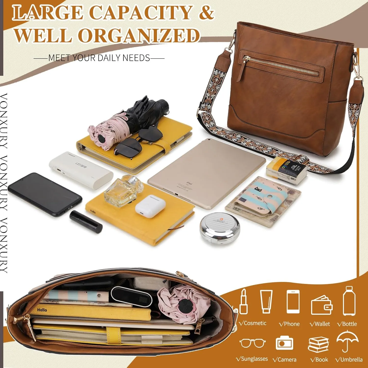 VX VONXURY Crossbody Bag for Women, Trendy Vegan Leather Shoulder Bag, Designer Bucket Bag with 2PCS Adjustable Straps