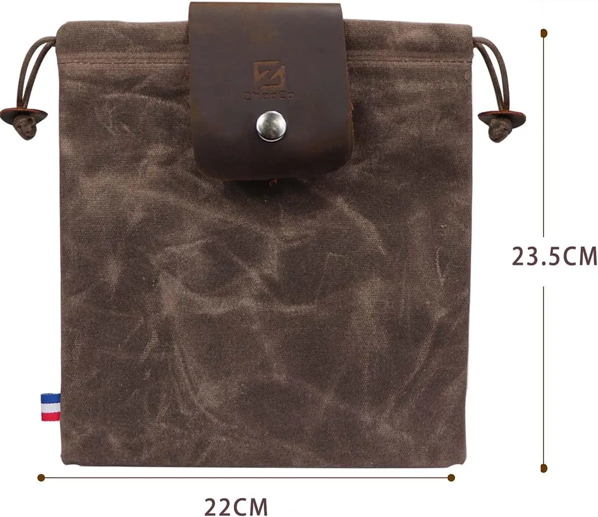 Waxed Canvas Foraging Pouch for Hiking, Collapsible Leather Belt Pouch Waist Bag with Drawstring & Buckle, Multi-Purpose Storage Bag for Camping