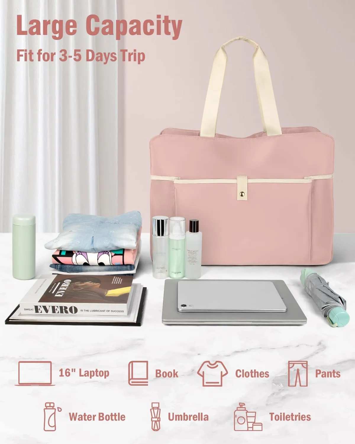 Wedama Weekender for Women, Large Travel Duffel, Portable Overnight Carry-on With Multi Compartments, Sport Gym Hospital Bag With Wet Pocket, Pink