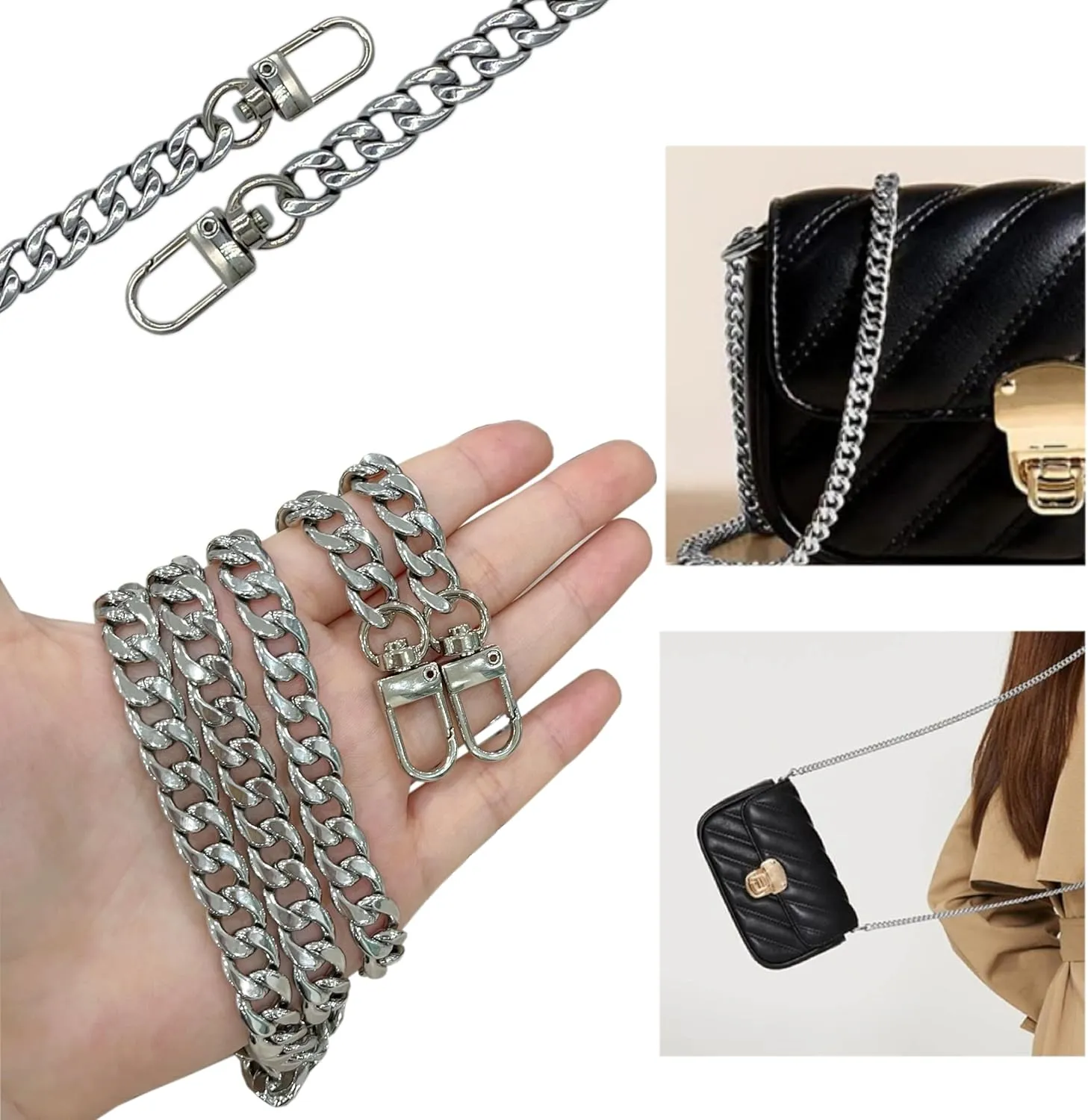 WEICHUAN 47" DIY Iron Flat Chain Strap Handbag Accessories Purse Straps Shoulder Cross Body Replacement Straps, with Metal Buckles (Silver)