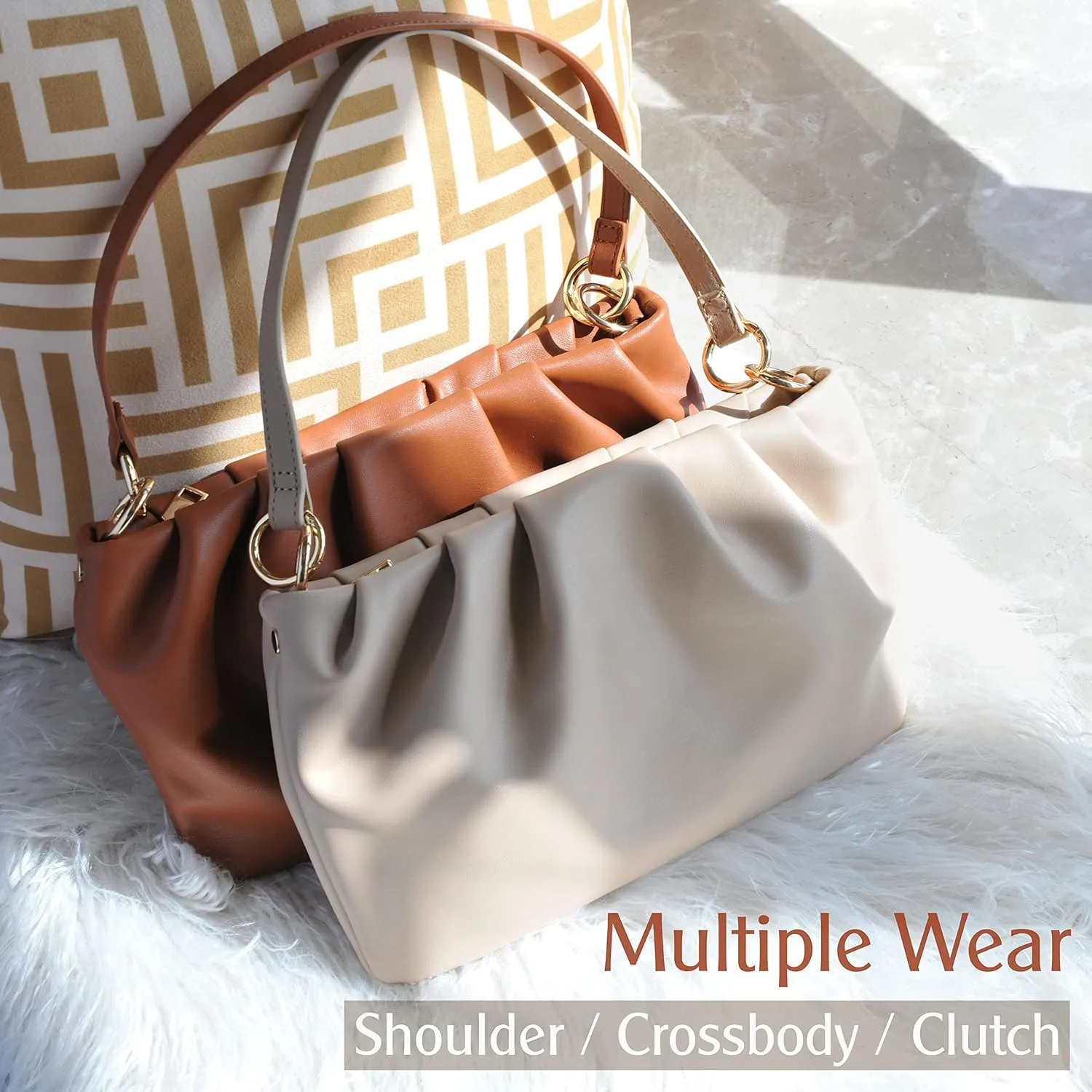 Women Ruched Shoulder Handbag Cloud Pouch Hobo Bag Convertible Clutch Soft Vegan Leather Cross body Bag