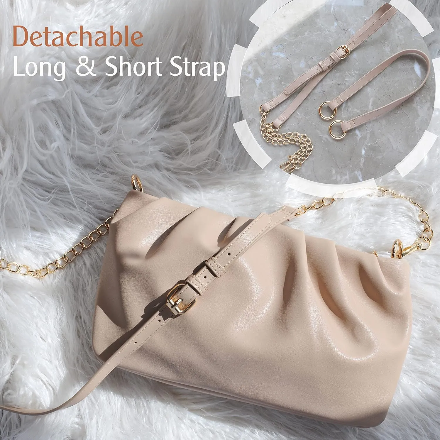 Women Ruched Shoulder Handbag Cloud Pouch Hobo Bag Convertible Clutch Soft Vegan Leather Cross body Bag
