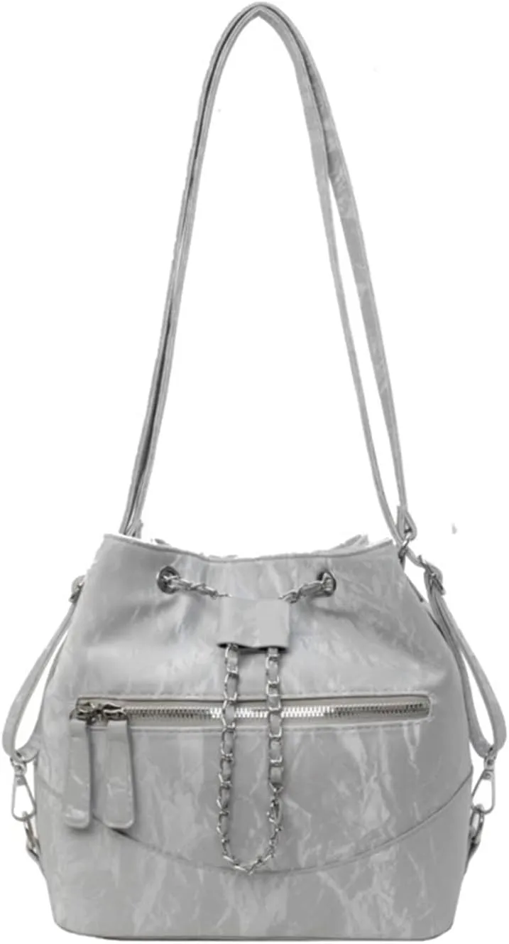 Women's Crossbody Bag Convertible Shoulder Bag - PU Leather Small Bucket Purse with Phone Pocket, Silver Chain Strap for Daily Essentials (8.6x9.4x5.1in)