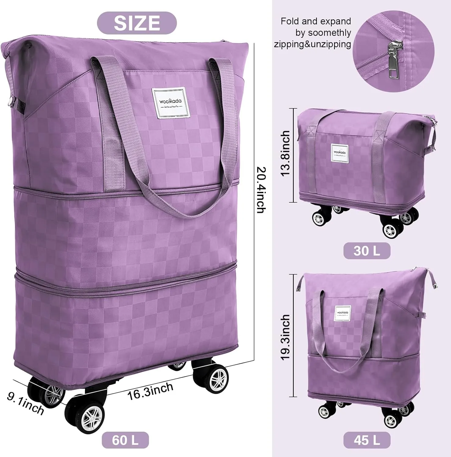 WOOMADA Rolling Duffel Bag with Wheels, Detachable Rolling Carry-On Luggage, Expandable Foldable Large Suitcase for Travel, Business, Camping, Gift for Parents, Spouse(Lavender Checkerboard)