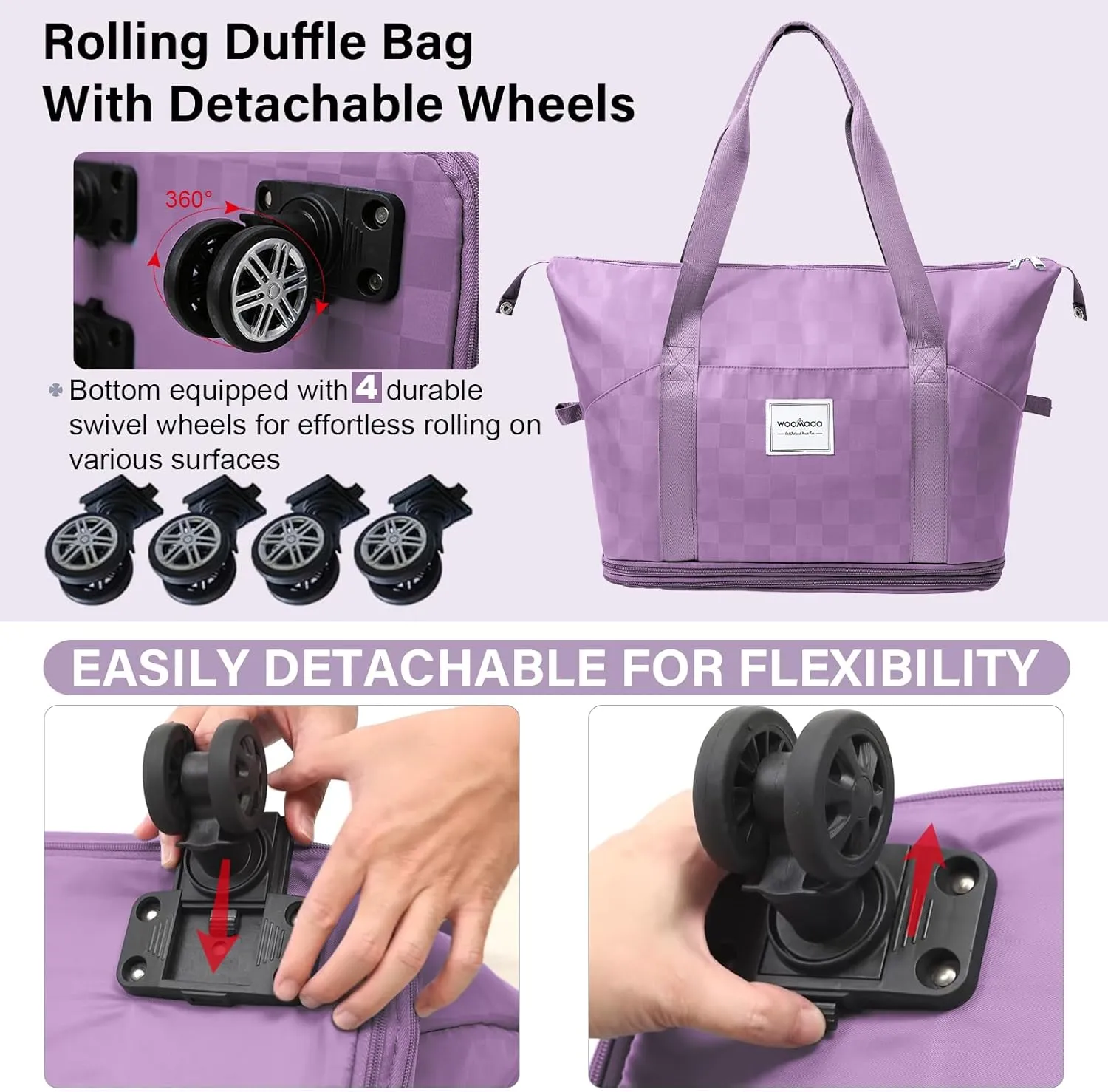 WOOMADA Rolling Duffel Bag with Wheels, Detachable Rolling Carry-On Luggage, Expandable Foldable Large Suitcase for Travel, Business, Camping, Gift for Parents, Spouse(Lavender Checkerboard)