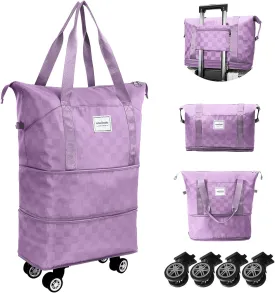 WOOMADA Rolling Duffel Bag with Wheels, Detachable Rolling Carry-On Luggage, Expandable Foldable Large Suitcase for Travel, Business, Camping, Gift for Parents, Spouse(Lavender Checkerboard)