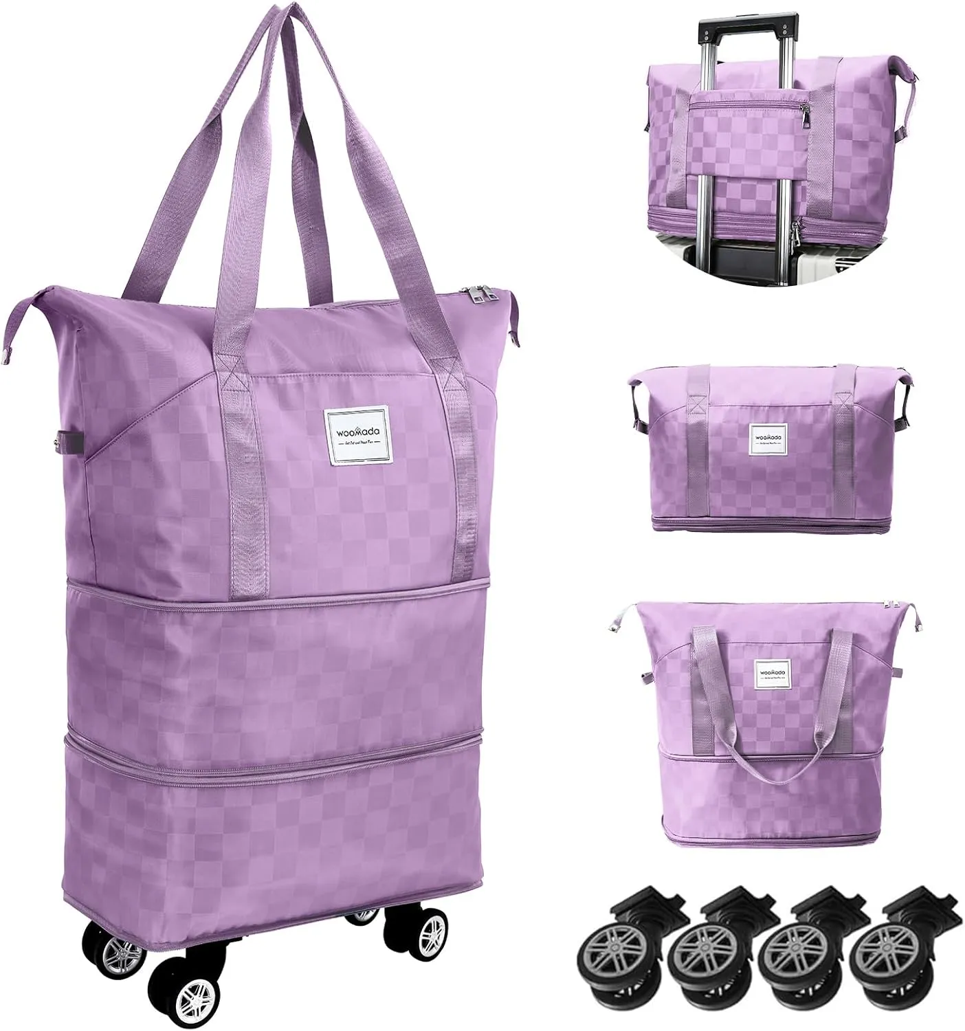 WOOMADA Rolling Duffel Bag with Wheels, Detachable Rolling Carry-On Luggage, Expandable Foldable Large Suitcase for Travel, Business, Camping, Gift for Parents, Spouse(Lavender Checkerboard)