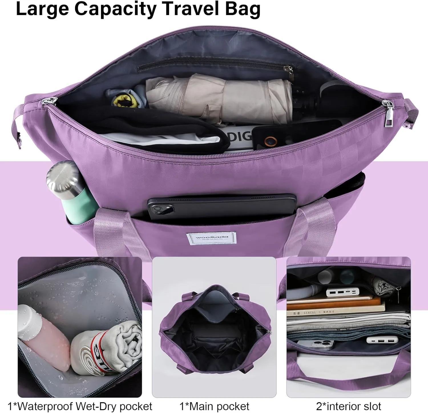 WOOMADA Rolling Duffel Bag with Wheels, Detachable Rolling Carry-On Luggage, Expandable Foldable Large Suitcase for Travel, Business, Camping, Gift for Parents, Spouse(Lavender Checkerboard)