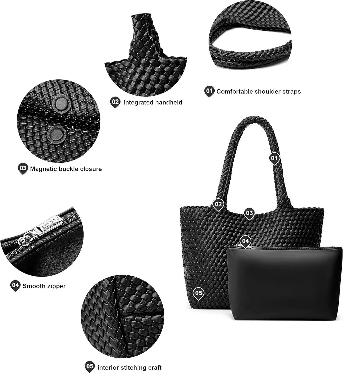 Woven Tote Bag Womens Purse: Vegan Leather Shoulder Handbags - Fashion Summer Beach Tote Bags - Large Travel Totes