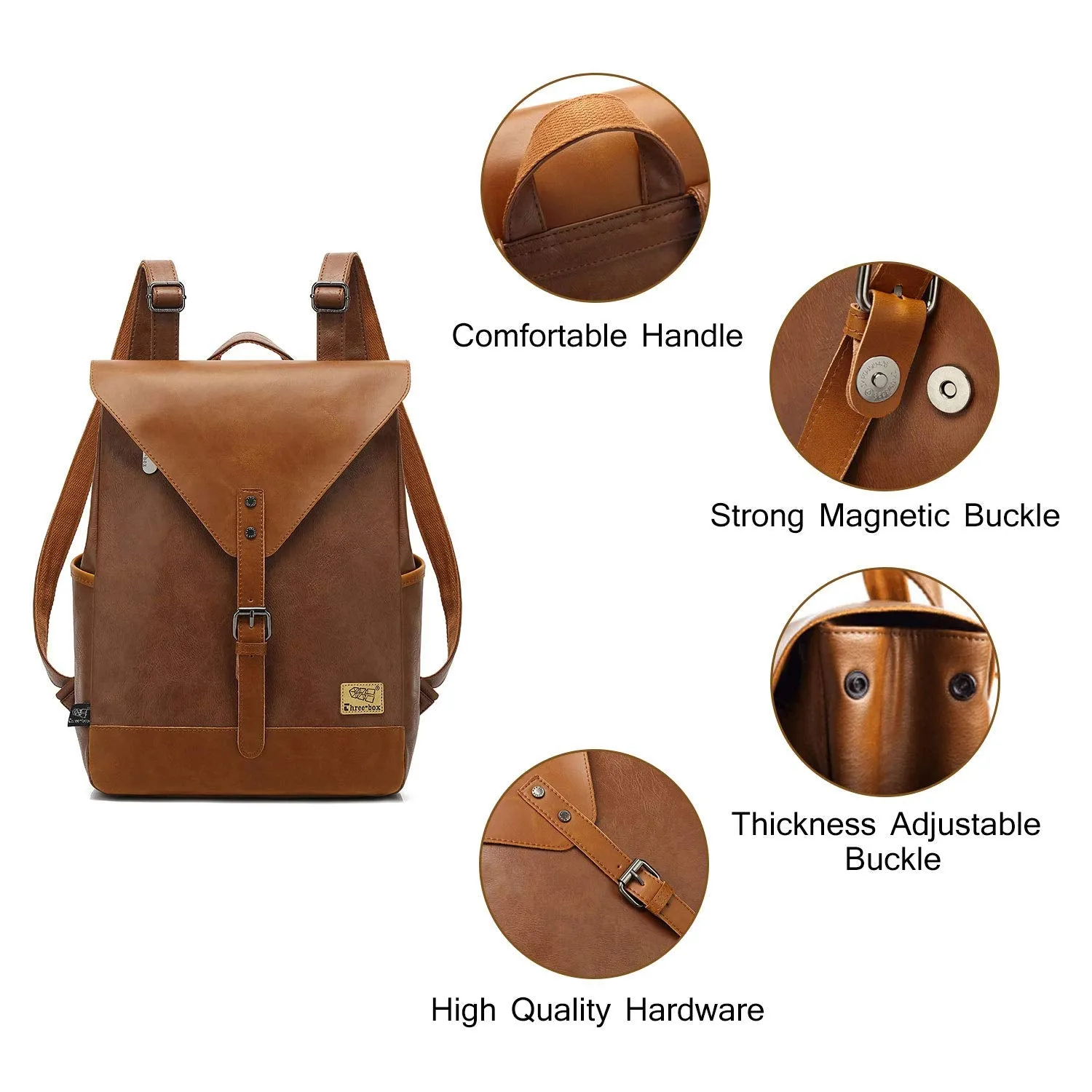 Zebella Vintage Vegan Leather Backpack for Women Men,Brown Faux Leather Laptop Backpack College School Bookbag Travel Daypack
