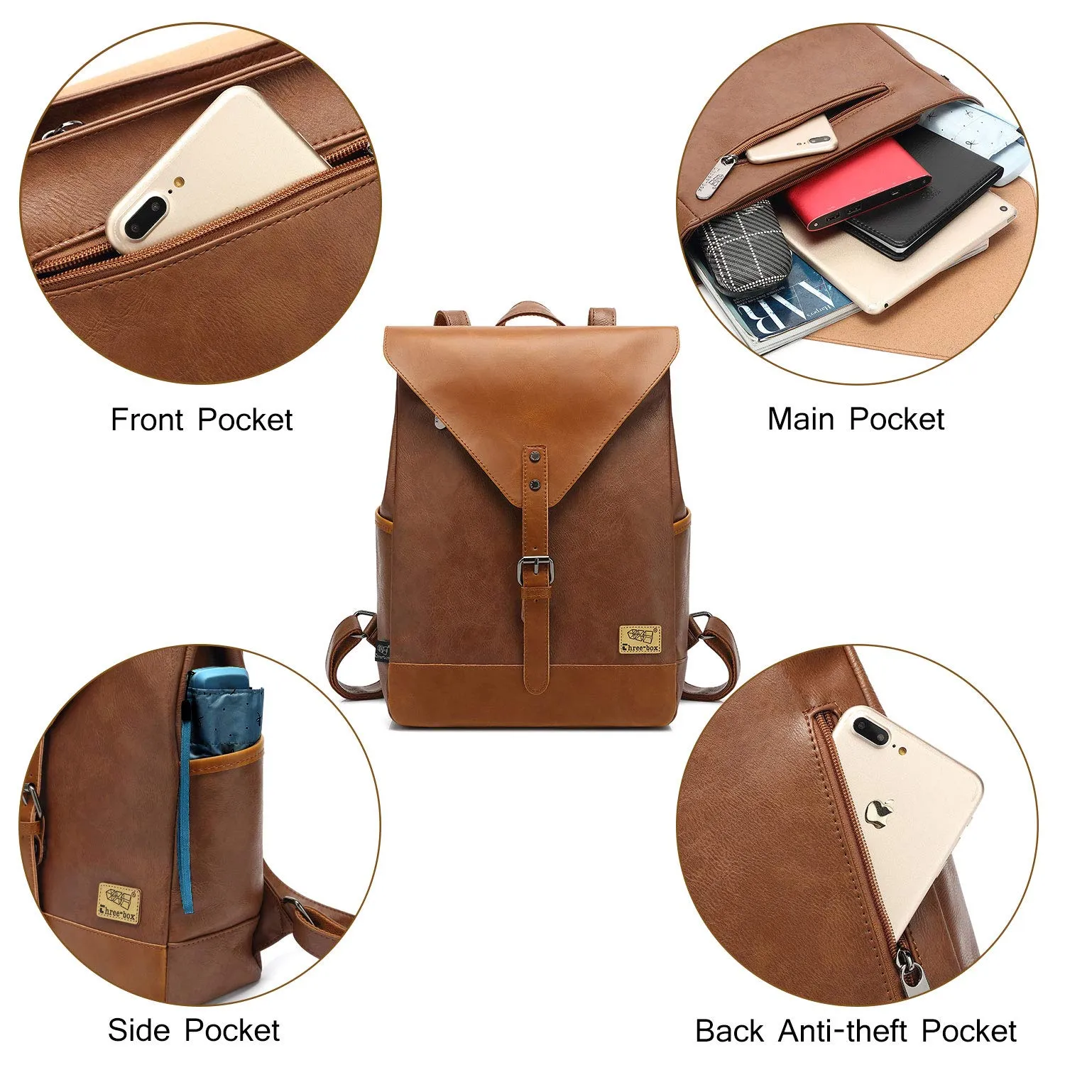Zebella Vintage Vegan Leather Backpack for Women Men,Brown Faux Leather Laptop Backpack College School Bookbag Travel Daypack
