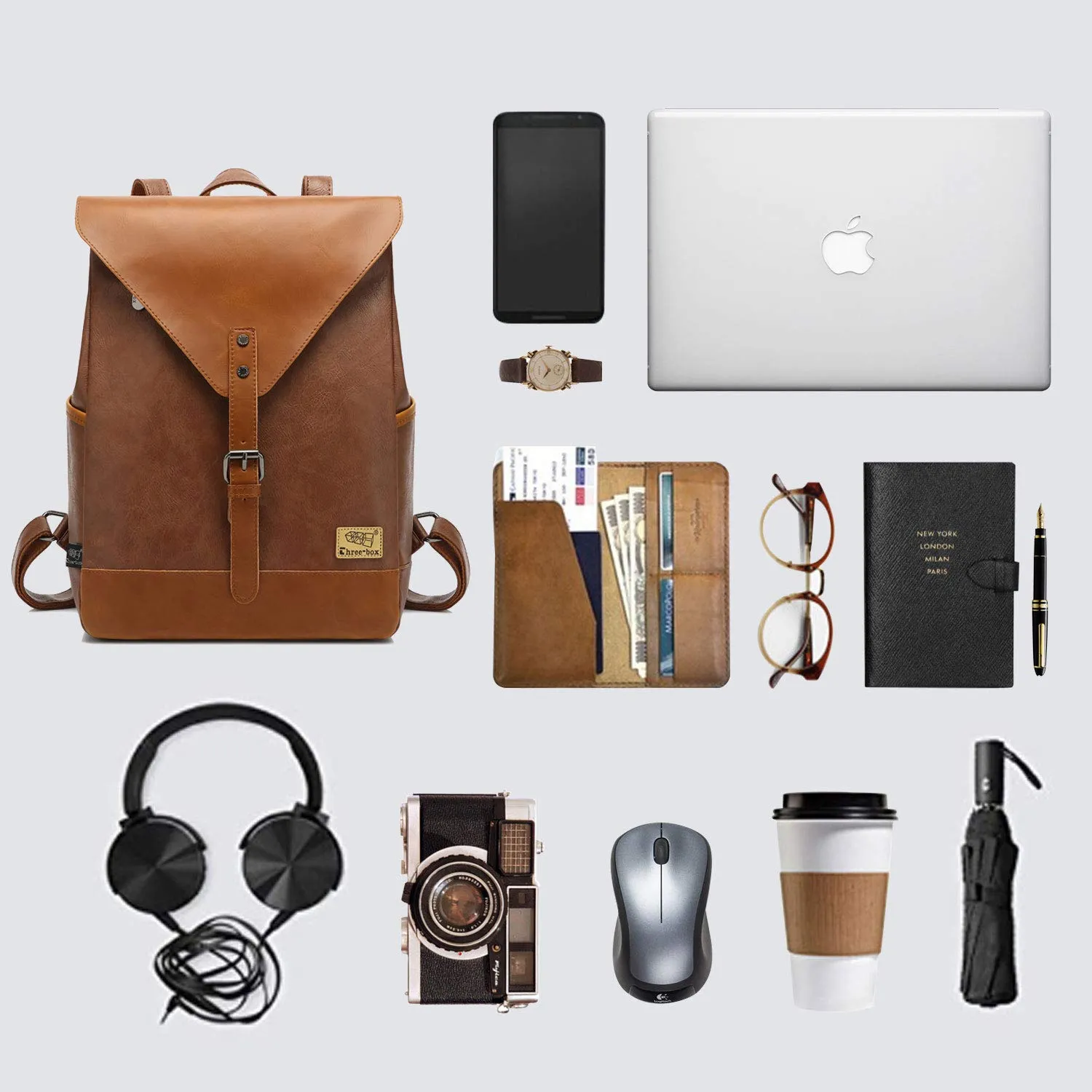 Zebella Vintage Vegan Leather Backpack for Women Men,Brown Faux Leather Laptop Backpack College School Bookbag Travel Daypack