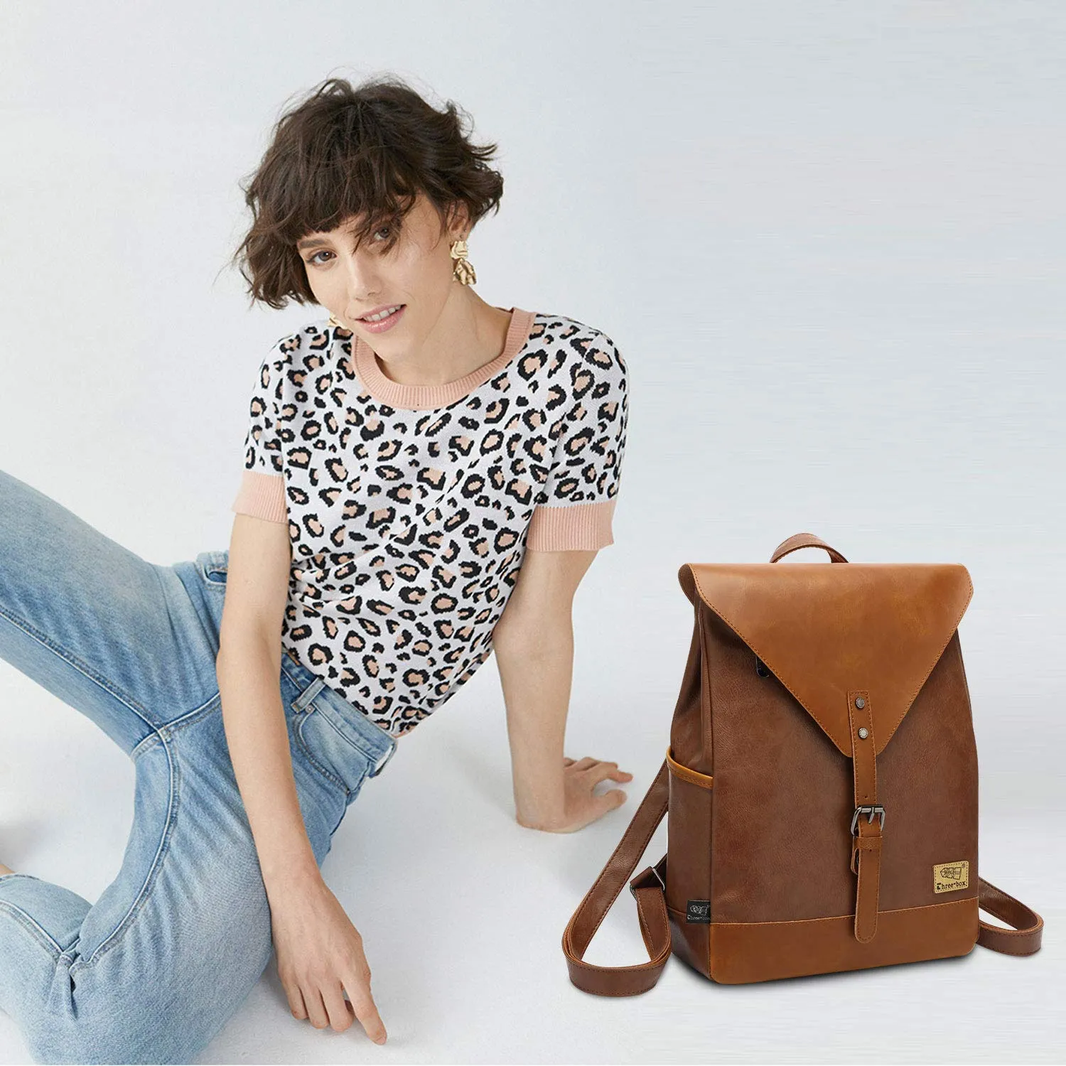 Zebella Vintage Vegan Leather Backpack for Women Men,Brown Faux Leather Laptop Backpack College School Bookbag Travel Daypack