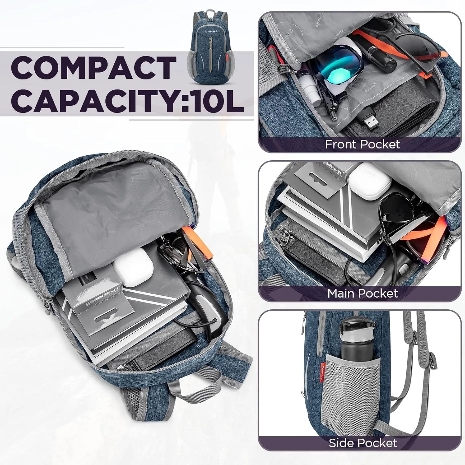 ZOMAKE 10L Small Packable Hiking Backpack - Lightweight Hiking Daypack - Tear Resistant Foldable Day Pack for Women Men