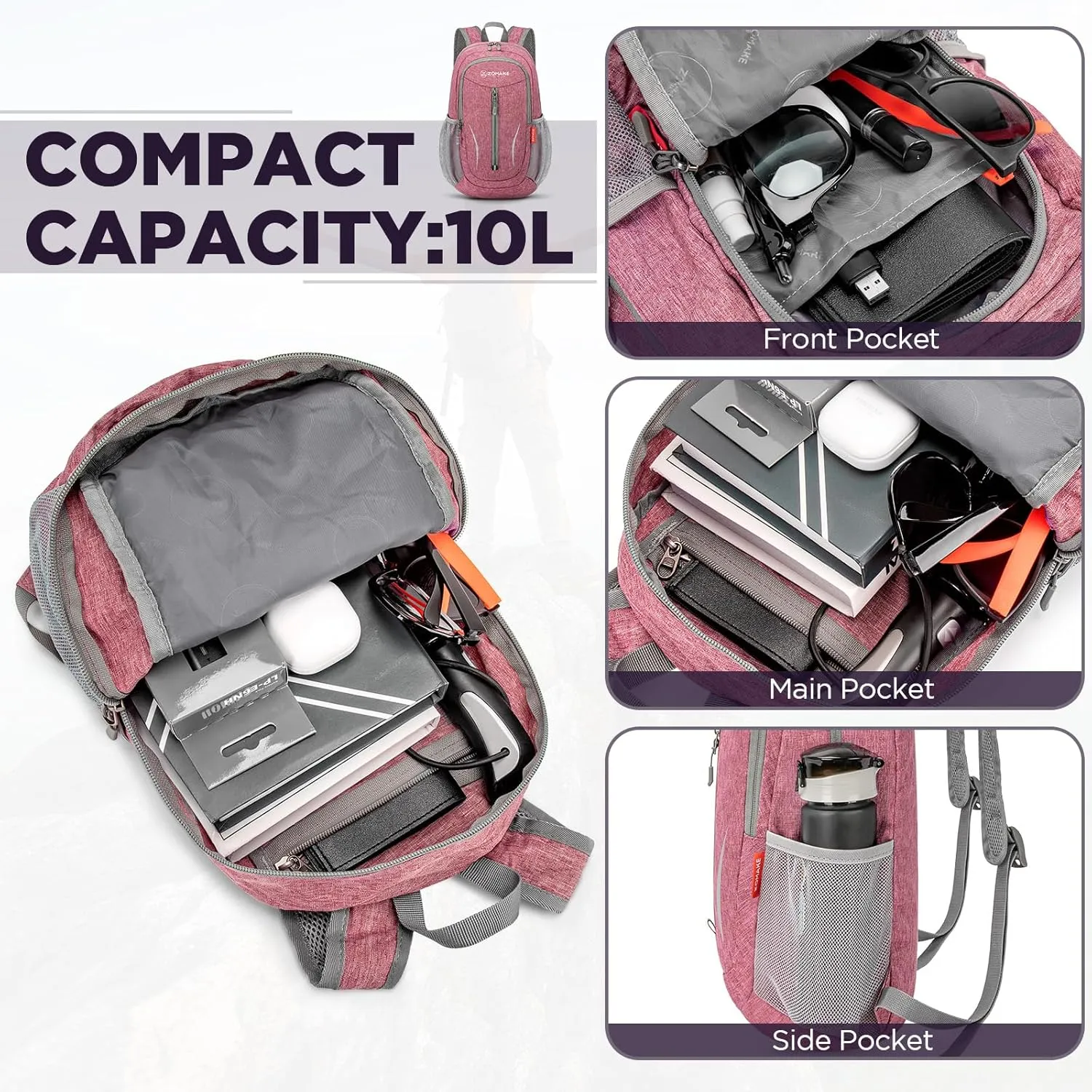 ZOMAKE 10L Small Packable Hiking Backpack - Lightweight Hiking Daypack - Tear Resistant Foldable Day Pack for Women Men